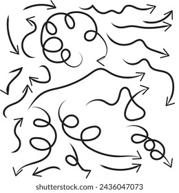 Sammlung handgezeichnete Pfeile. Legen Sie einfache Pfeile auf weißem Hintergrund isoliert. Pfeilsymbole. Abstrakt verschiedene Pinselpfeile. Superset handgezeichnete Pfeile, Vektorgrafik-Design