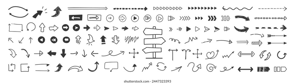 Kollektion von Hand gezeichnete Pfeile. Satz von schwarzen handgezeichneten Pfeilen isoliert auf transparentem Hintergrund
