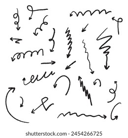 The collection of hand drawn arrows. Arrows set on the white background. Vector EPS 10.	