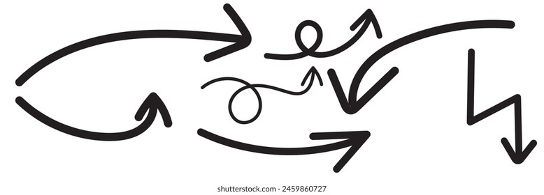  Collection hand drawn arrows. Set simple arrows isolated on white background. Arrow mark icons. Arrow paint - stock vector.