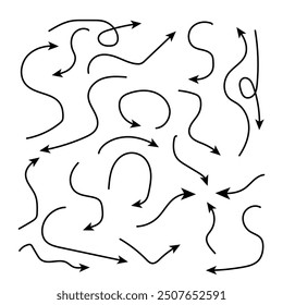 Collection hand drawn arrows. Set simple curved arrows. Hand drawn thin line arrows set. Collection of pointers line arrows. Vector illustration.