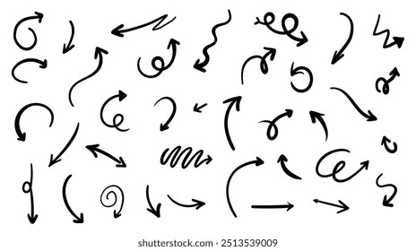 Collection hand drawn arrows. Set simple arrows isolated on white background. Arrow mark icons. Arrow paint - stock vector.