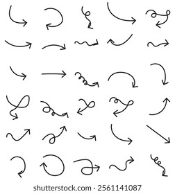 Collection hand drawn arrows. Set simple curved arrows isolated on white background. Collection of pointers. Vector illustration.