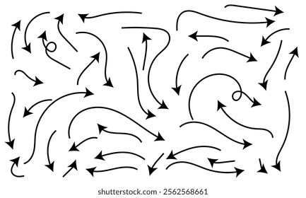Collection hand drawn arrows. Set simple curved arrows isolated on white background. Arrow mark icons and arrow paint. Stock vector,  Vector illustration. eps10 44