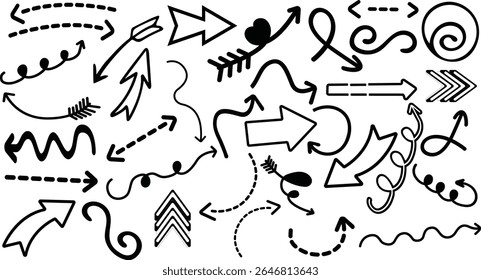 Collection hand drawn arrows. Set simple arrows isolated on white background. Arrow mark icons. Arrow paint - vector stock .