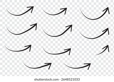 Collection hand drawn arrows. Set simple curved arrows isolated on white background. Collection of pointers. Vector illustration.