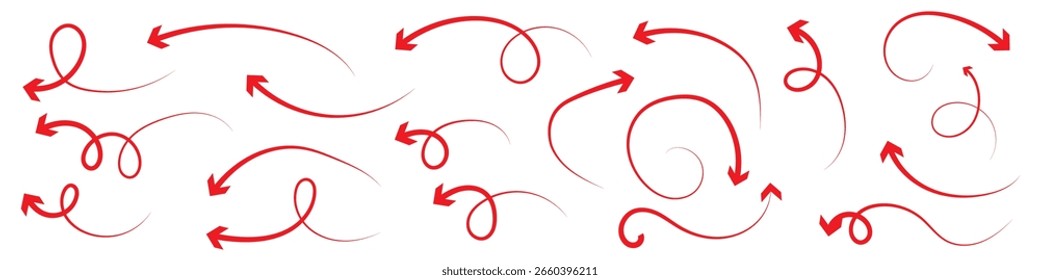 Coleção setas desenhadas à mão. Defina setas curvas simples isoladas no fundo branco. Coleção de indicadores. Ilustração vetorial. 