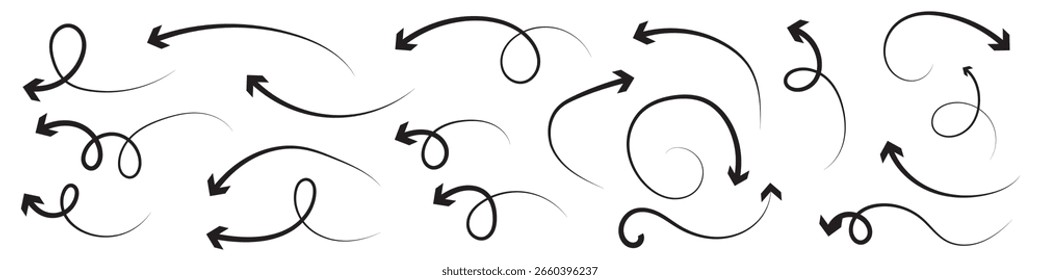 Collection hand drawn arrows. Set simple curved arrows isolated on white background. Collection of pointers. Vector illustration. 