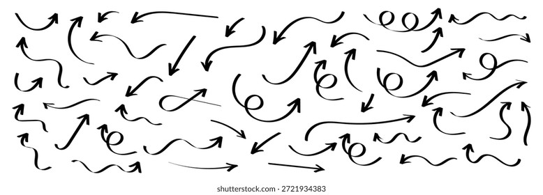 Colección de flechas dibujadas a mano. Establecer flechas curvas simples aisladas sobre fondo blanco. Colección de punteros. Ilustración vectorial.