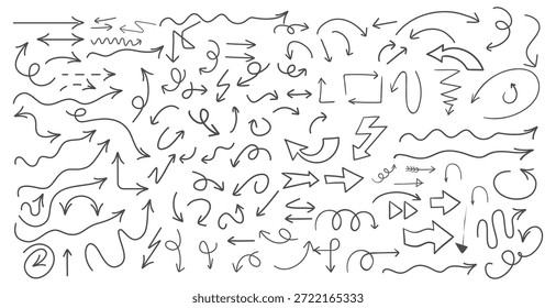 Sammlung handgezeichnete Pfeile. Einfache Pfeile einzeln auf weißem Hintergrund festlegen. Pfeilsymbole. Pfeilfarbe. Vektorgrafik.
