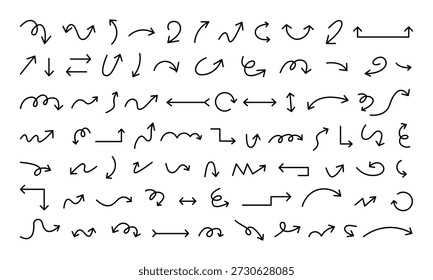 Collection hand drawn arrows. Set of simple arrow isolated on white background. Arrow icons vector graphic elements. Doddle arrow set.