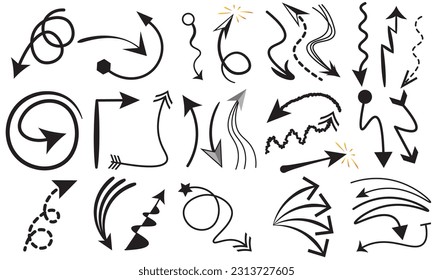 Collection hand drawn arrows.Set simple arrows isolated on white background.Hand drawn arrow mark icons vector