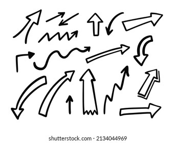 Handgezeichnete schwarze Pfeile Icon Set. Vektordoodle-Stil. Einzeln auf weißem Hintergrund.