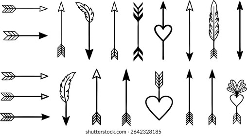 Collection of hand drawn arrows in various styles representing direction, love, and design elements