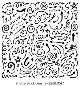Eine Sammlung von handgezeichneten Pfeilen in verschiedenen Doodle-Stilen, perfekt für Design-Elemente