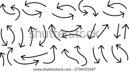 A collection of hand drawn arrows in various directions and styles including curved and straight arrows with different tips and tail designs