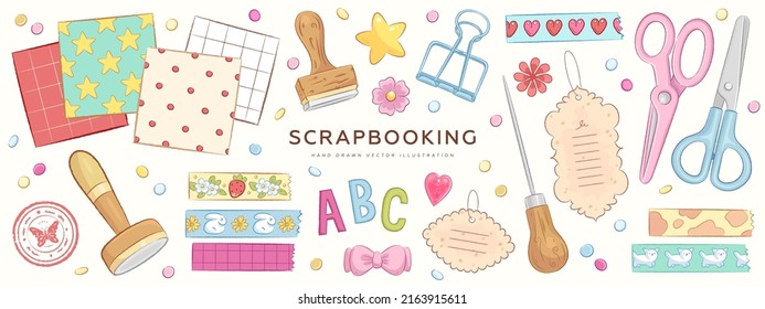 Collection Of Hand Drawn Art Supplies For Scrapbooking Isolated On Background. Vector Illustration