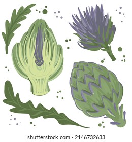 Collection of hand drawn artichock. Bundle of fresh delicious vegan diet vegetarian products, wholesome healthy food, cooking ingredients. Flat cartoon style on a white background.