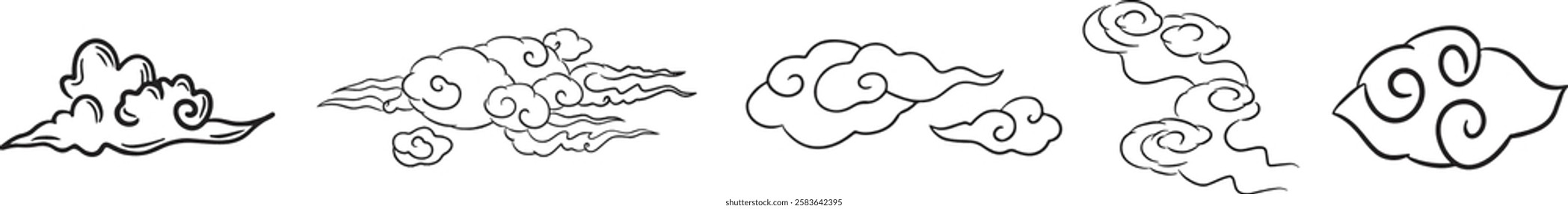 Collection hand drawn auspicious clouds. Set simple auspicious clouds isolated on white background. Drawing clouds icon
