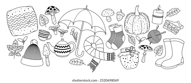 Collection Of Hand Drawn Autumn Elements Featuring Cozy Seasonal Items Such As Umbrella, Pumpkin, Leaves