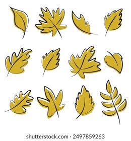 Collection of hand drawn autumn with seasonal plants and leaves. Set of hand drawn plants and leaves. Colorful of natural elements for seasonal backgrounds.