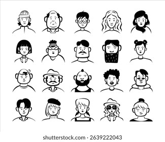 Collection of Hand Drawn Avatar Illustrations in Minimalist Black and White Style