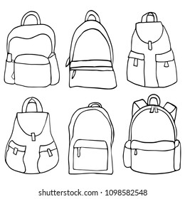 Collection of hand drawn backpacks. Vector illustration - outlines