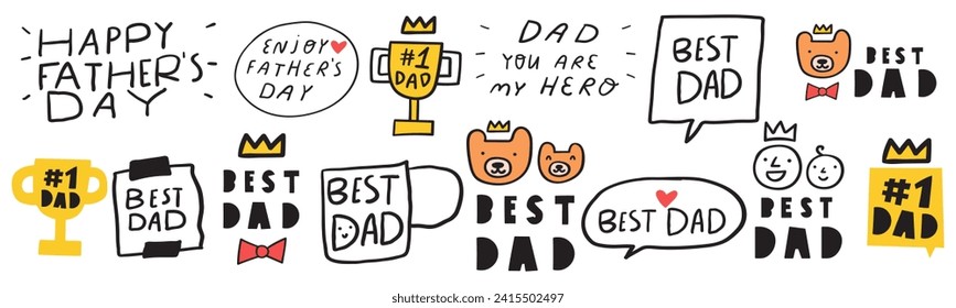 Collection of hand drawn badges for Happy Father's day. Flat design. Vector illustrations on white background.