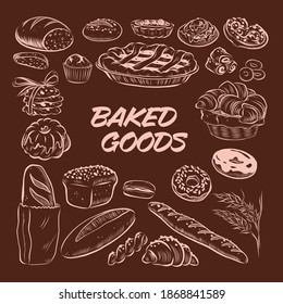 Collection of hand drawn baked goods outline bread, cookies, donuts, cupcakes, buns objects isolated on dark background. Freehand drawing, sketch style. Vector illustration.