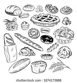 Collection of hand drawn baked goods outline bread, cookies, donuts, cupcakes, buns objects isolated on white background. Hand drawing, sketch style. Vector illustration.