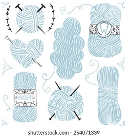 Collection of hand drawn balls of yarn for knitting and decor elements. Vector background.