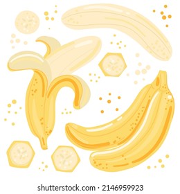 Collection of hand drawn bananas. Bundle of fresh delicious vegan diet vegetarian products, wholesome healthy food, cooking ingredients. Flat cartoon style on a white background.