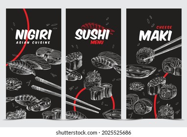 Collection of hand drawn banners or vertical posters with sushi, nigiri and maki in style of chalk drawing on blackboard, sketch engraving vector illustration.