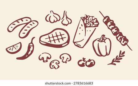 Collection of hand drawn bbq elements including grilled meat steak sausages pepper mushroom skewer on cream background.