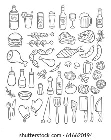 Collection of hand drawn BBQ party elements. Drinks, meat, grilled fish, vegetables, sausages, condiments and supplies. Vector illustration.