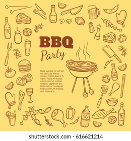 Collection of hand drawn BBQ party elements and a cartoon style barbecue. Vector illustration.