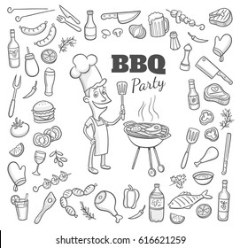 Collection of hand drawn BBQ party elements and a cartoon style chef cooking in a barbecue. Vector illustration.