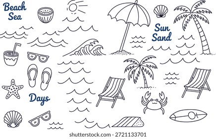 Coleção de praia desenhada à mão e férias de verão e texto dias de areia.