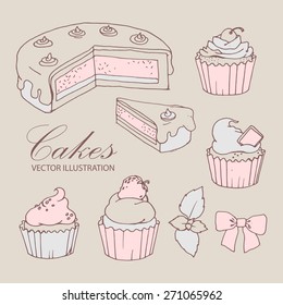 Collection hand drawn of  beautiful cakes.  Vector illustration