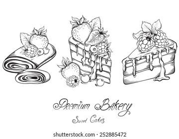 Collection Hand drawn of beautiful slices Cakes with icing and berry. Sketch Vector illustration.