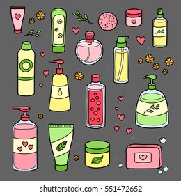 Collection of hand drawn beauty products for body and hair isolated on chalkboard background.