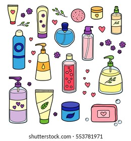 Collection of hand drawn beauty products for body and hair isolated on white background.