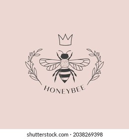 Collection of hand drawn bee, organic honey, logo, emblem, label and packaging design