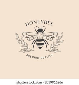 Collection of hand drawn bee, organic honey, logo, emblem, label and packaging design