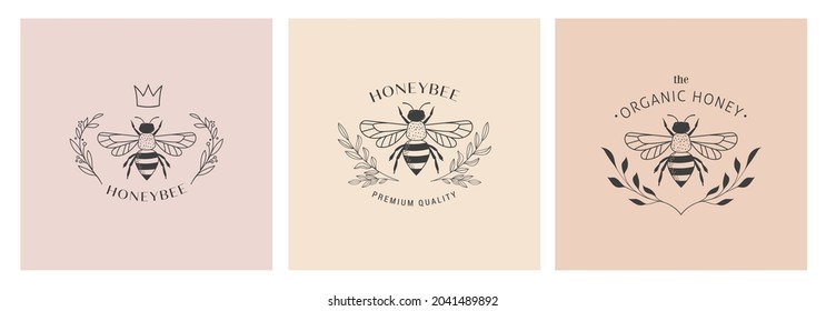 Collection of hand drawn bee, organic honey, logo, emblem, label and packaging design