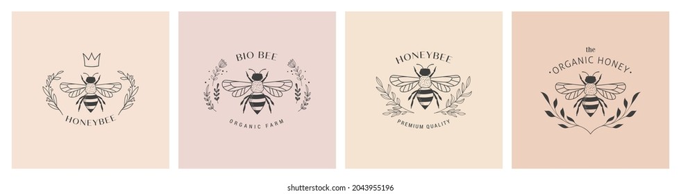 Collection of hand drawn bee, organic honey, logo, emblem, label and packaging design