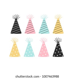 Collection of hand drawn birthday cap. Kids vector illustration.