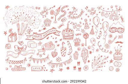 Collection of Hand drawn Birthday Party elements. Celebratory attributes - Vector illustration