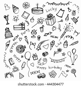 Collection of Hand drawn Birthday Party elements. Celebratory attributes - Vector illustration. Doodle Birthday party background. Holiday sketch.
