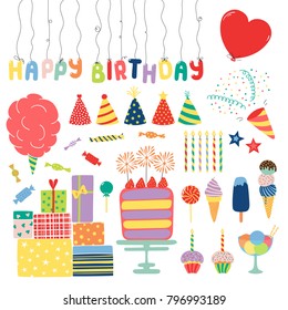 Collection of hand drawn birthday party design elements with cake, candles, balloons, hats, ice cream, presents, candy, text. Isolated objects on white. Vector illustration. Design concept for kids.